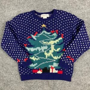 Vintage Christmas Sweater Womens M Navy Tree Knit Pullover Bows A Stitch in Time